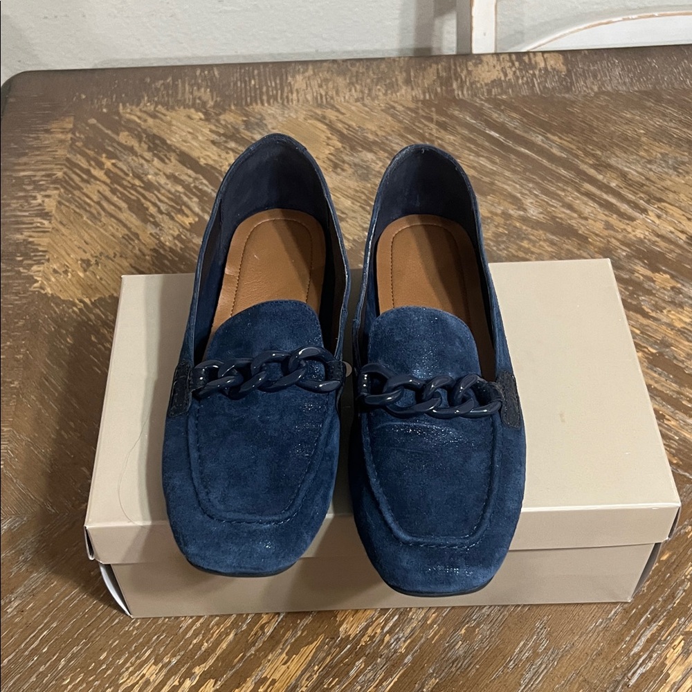 Donald J. Pliner Navy Suede Chain-Trim Moccasins
